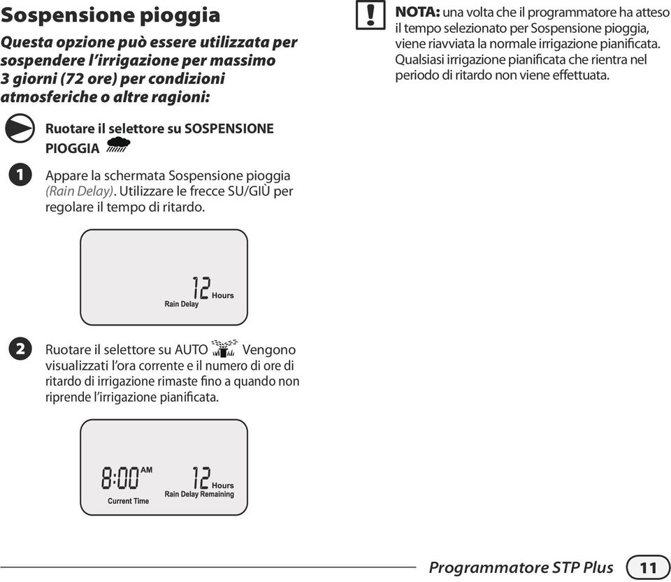 NOTA: una volta che il programmatore ha atteso il tempo selezionato per Sospensione pioggia, viene riavviata la normale irrigazione pianificata.