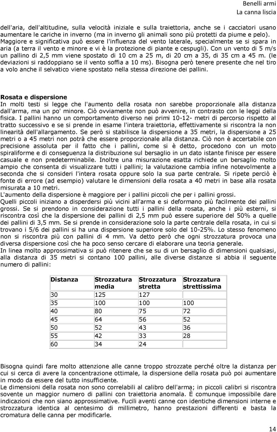 Con un vento di 5 m/s un pallino di 2,5 mm viene spostato di 10 cm a 25 m, di 20 cm a 35, di 35 cm a 45 m. (le deviazioni si raddoppiano se il vento soffia a 10 ms).