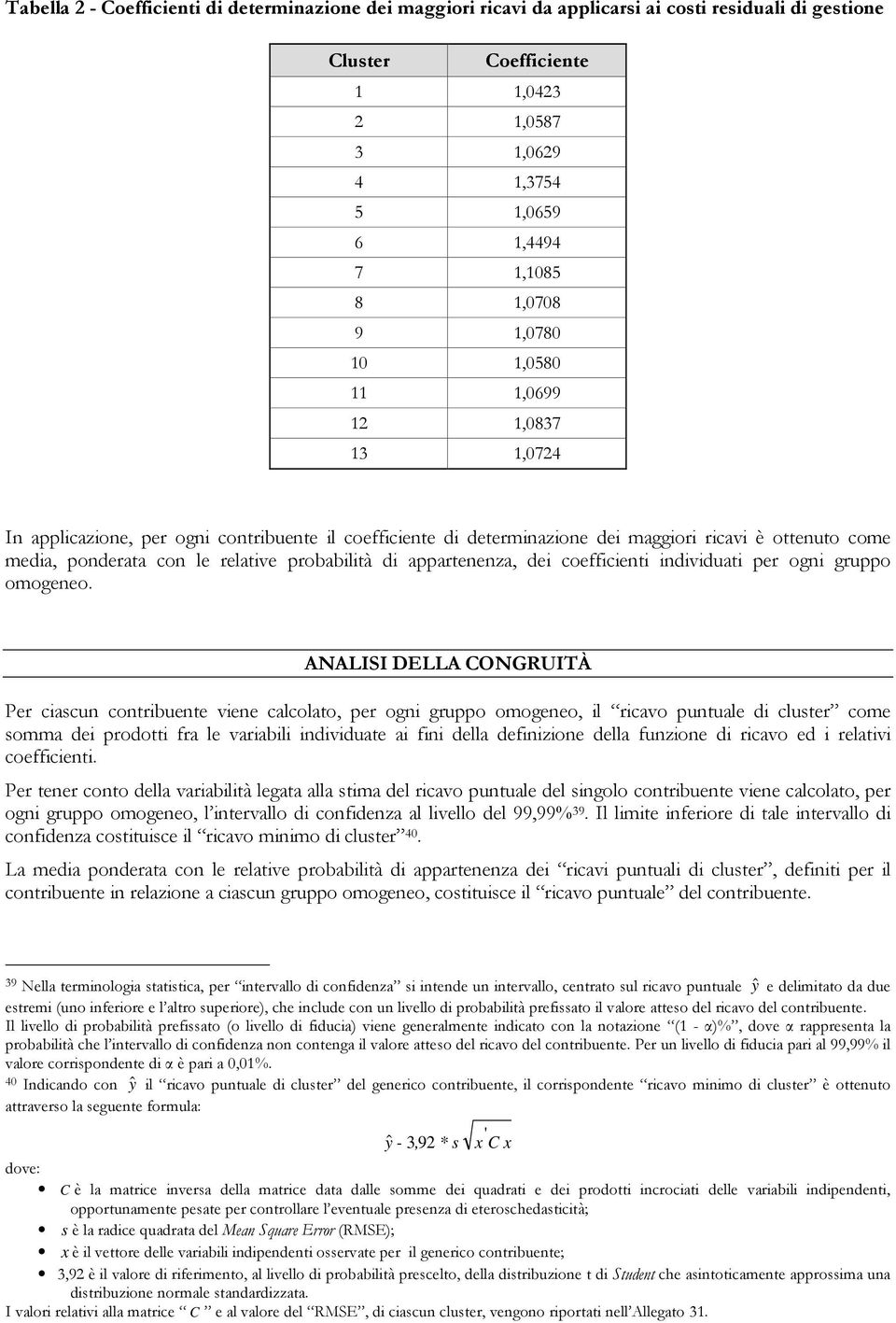 probabilità di appartenenza, dei coefficienti individuati per ogni gruppo omogeneo.