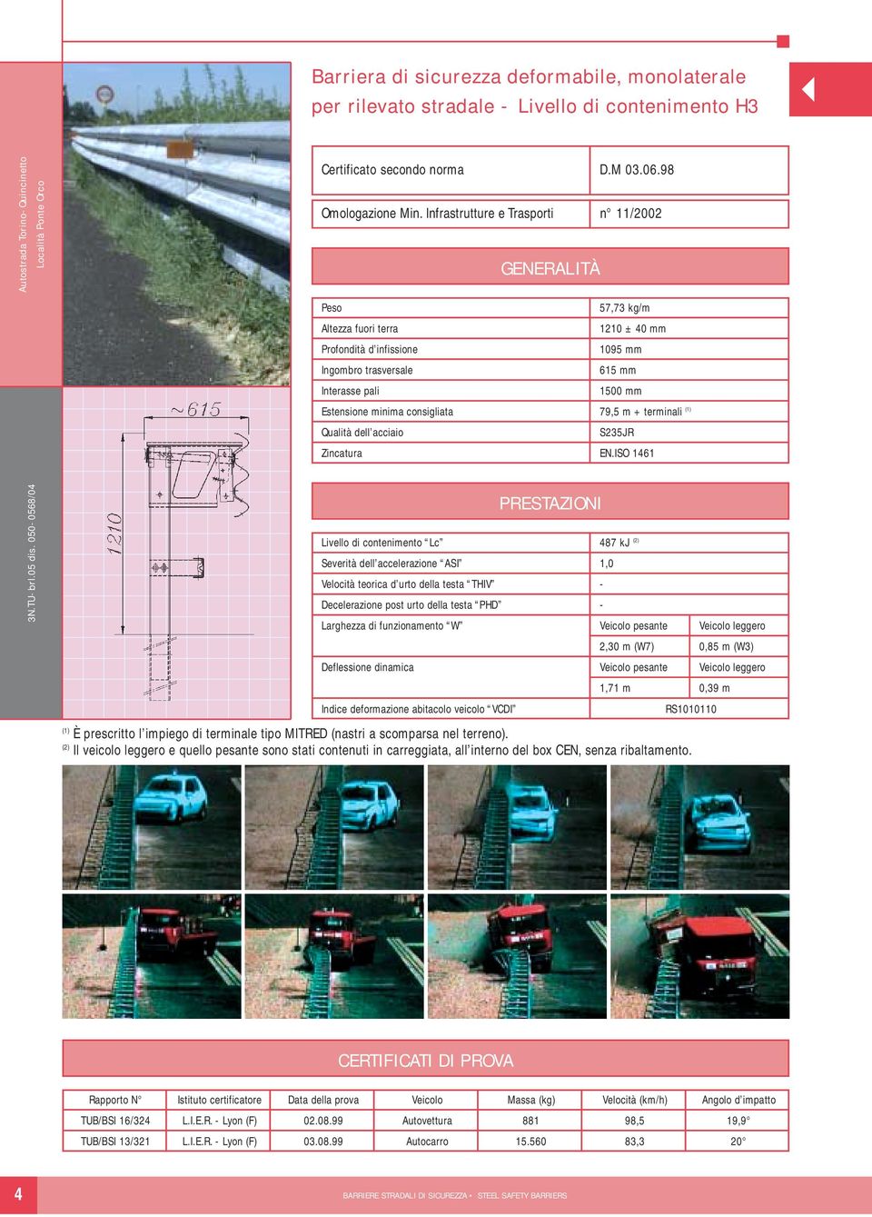 Infrastrutture e Trasporti n 11/2002 GENERALITÀ Peso Altezza fuori terra Profondità d infissione Ingombro trasversale Interasse pali 57,73 kg/m 1210 ± 40 mm 1095 mm 15 mm 1500 mm Estensione minima