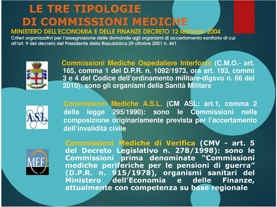 193, commi 3 e 4 del Codice dell ordinamento militare-dlgsvo n. 66 del 2010): sono gli organismi della Sanità Militare Commissioni Mediche A.S.L. (CM ASL: art.