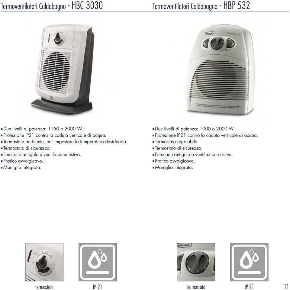 JJFunzione antigelo e ventilazione estiva. JJPratico avvolgicavo. JJManiglia integrata. JJDue livelli di potenza: 1000 o 2000 W.