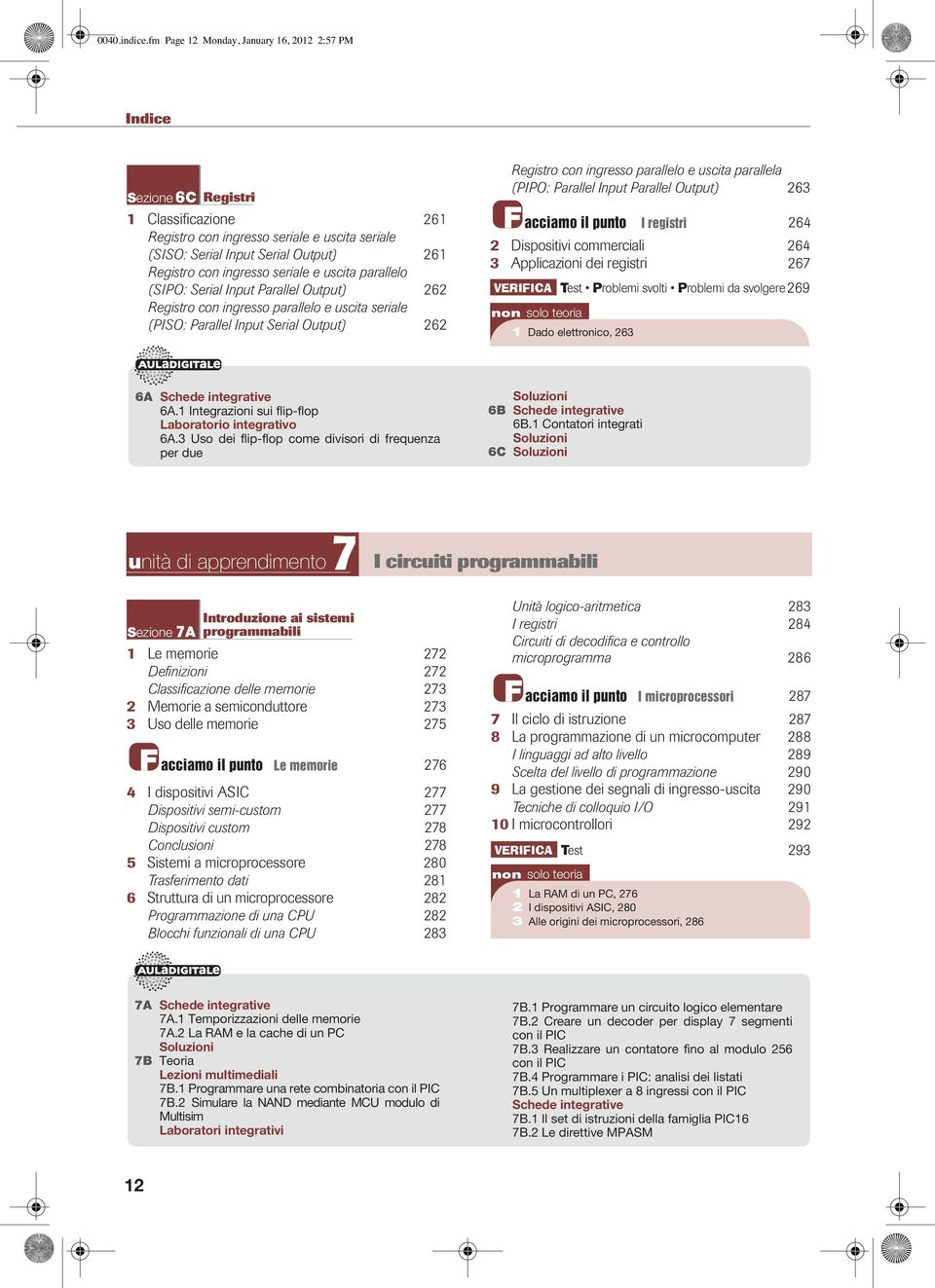 ingresso seriale e uscita parallelo (SIPO: Serial Input Parallel Output) 262 Registro con ingresso parallelo e uscita seriale (PISO: Parallel Input Serial Output) 262 Registro con ingresso parallelo