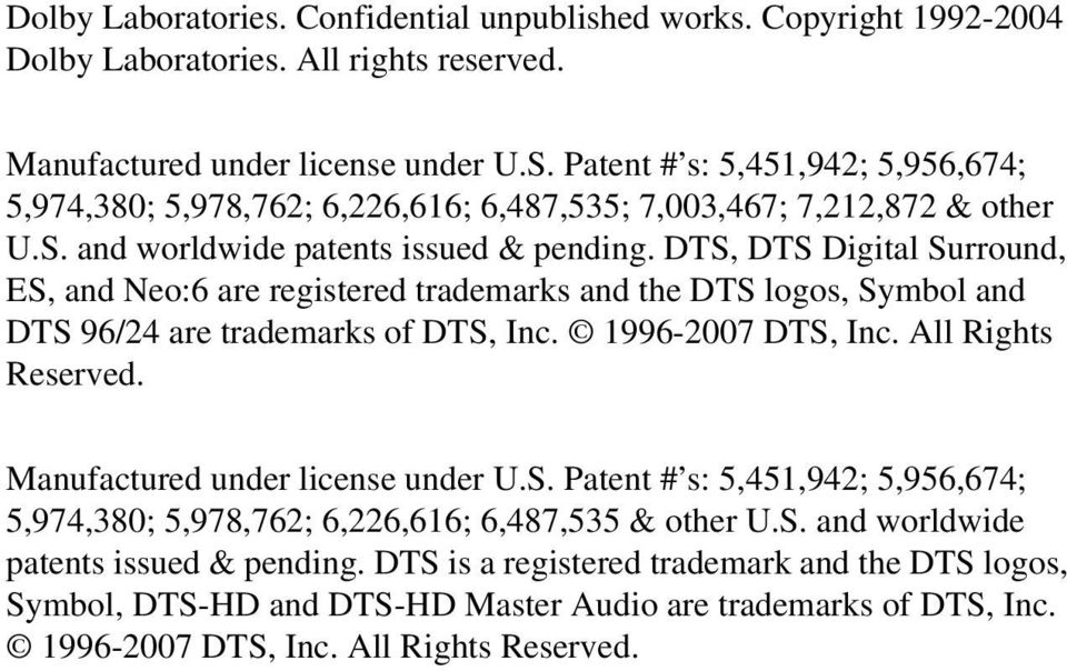 DTS, DTS Digital Surround, ES, and Neo:6 are registered trademarks and the DTS logos, Symbol and DTS 96/24 are trademarks of DTS, Inc. 1996-2007 DTS, Inc. All Rights Reserved.