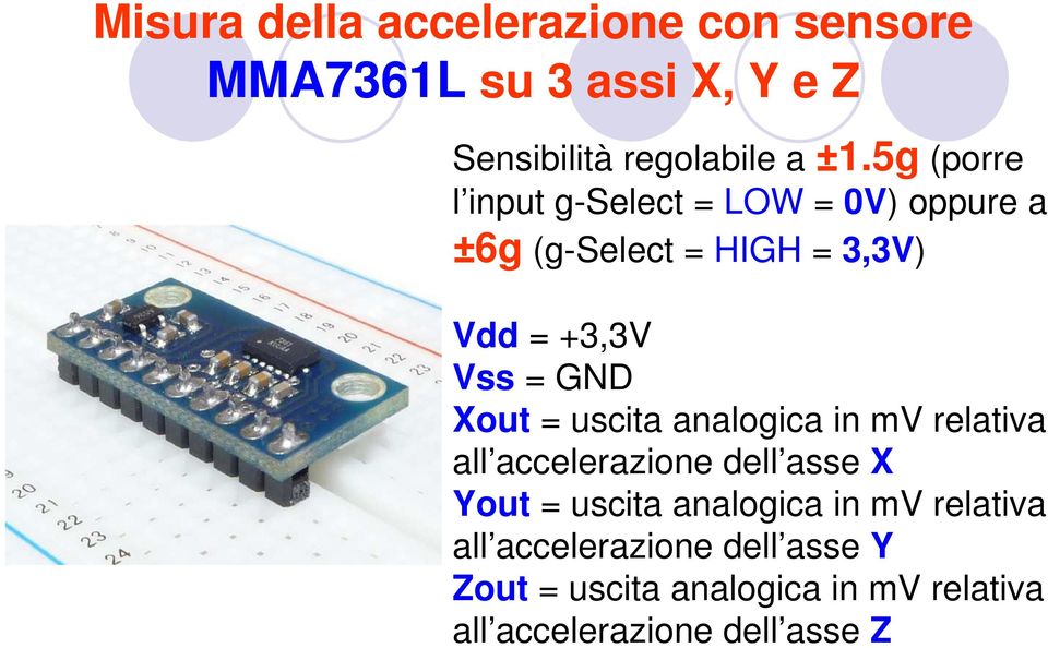 Xout = uscita analogica in mv relativa all accelerazione dell asse X Yout = uscita analogica in mv