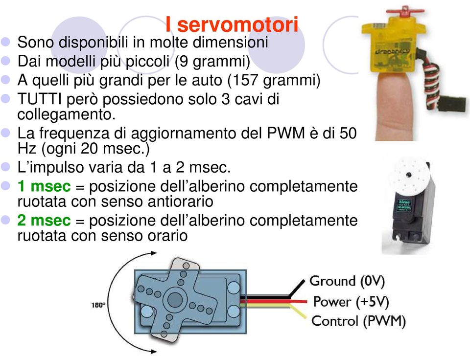 La frequenza di aggiornamento del PWM è di 50 Hz (ogni 20 msec.) L impulso varia da 1 a 2 msec.