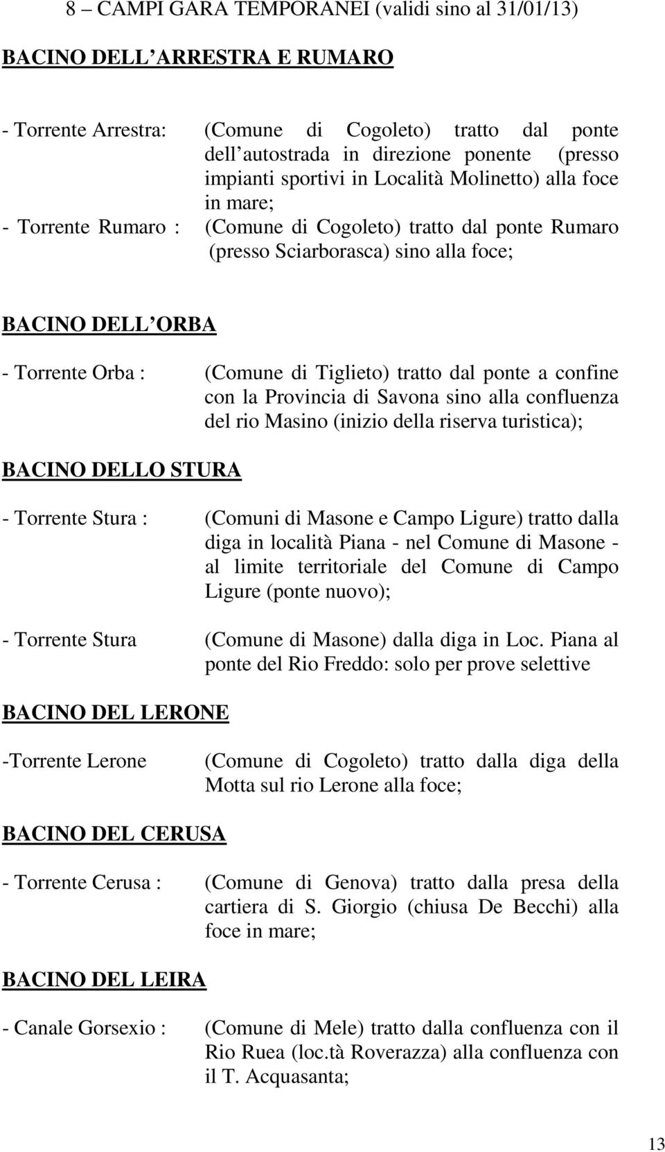 Tiglieto) tratto dal ponte a confine con la Provincia di Savona sino alla confluenza del rio Masino (inizio della riserva turistica); BACINO DELLO STURA - Torrente Stura : (Comuni di Masone e Campo