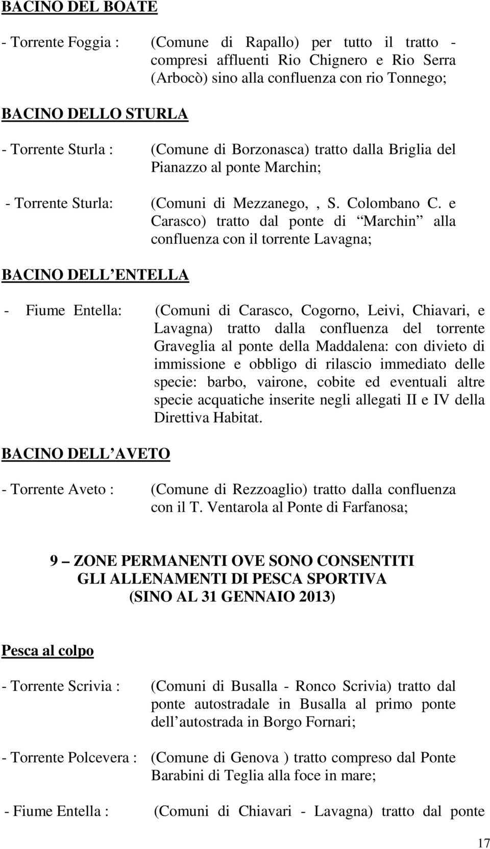 e Carasco) tratto dal ponte di Marchin alla confluenza con il torrente Lavagna; BACINO DELL ENTELLA - Fiume Entella: (Comuni di Carasco, Cogorno, Leivi, Chiavari, e Lavagna) tratto dalla confluenza