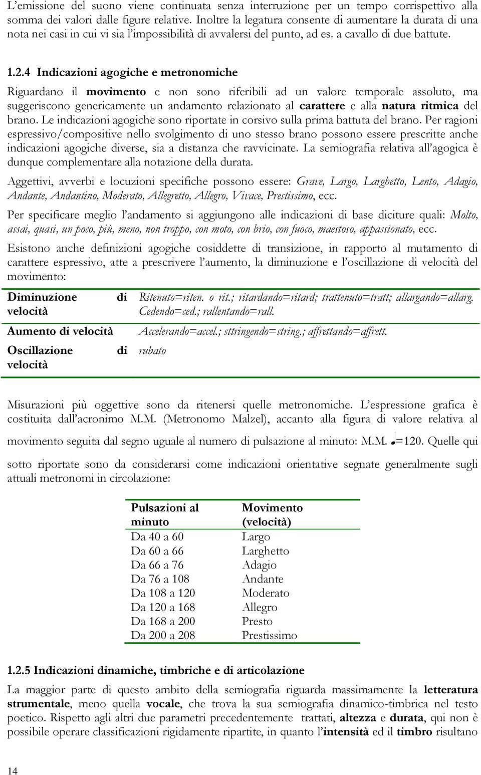 4 Indicazioni agogiche e metronomiche Riguardano il movimento e non sono riferibili ad un valore temporale assoluto, ma suggeriscono genericamente un andamento relazionato al carattere e alla natura