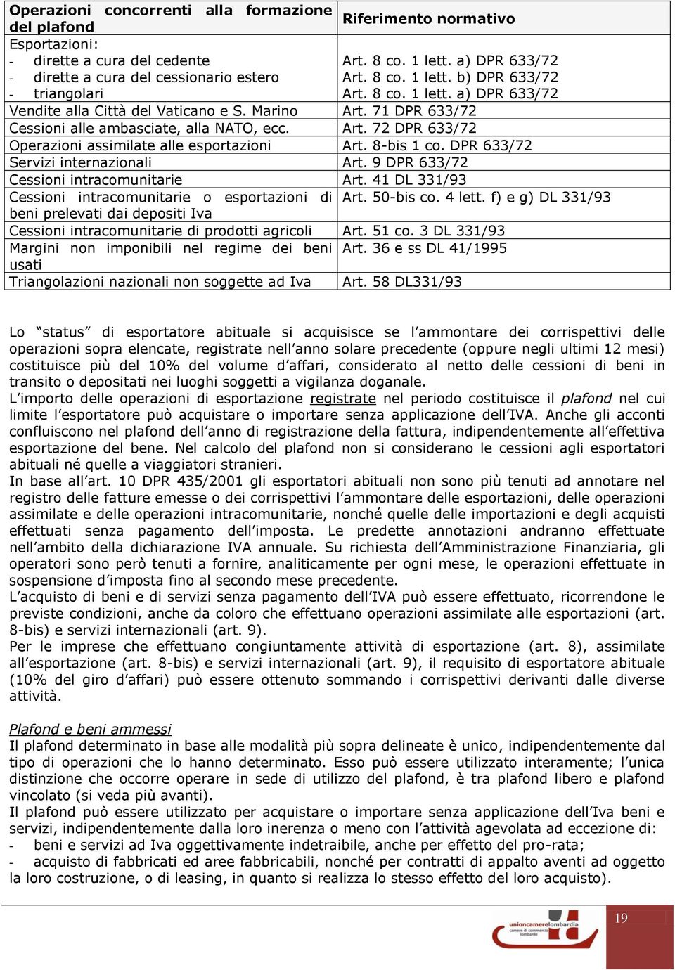 8-bis 1 co. DPR 633/72 Servizi internazionali Art. 9 DPR 633/72 Cessioni intracomunitarie Art. 41 DL 331/93 Cessioni intracomunitarie o esportazioni di Art. 50-bis co. 4 lett.