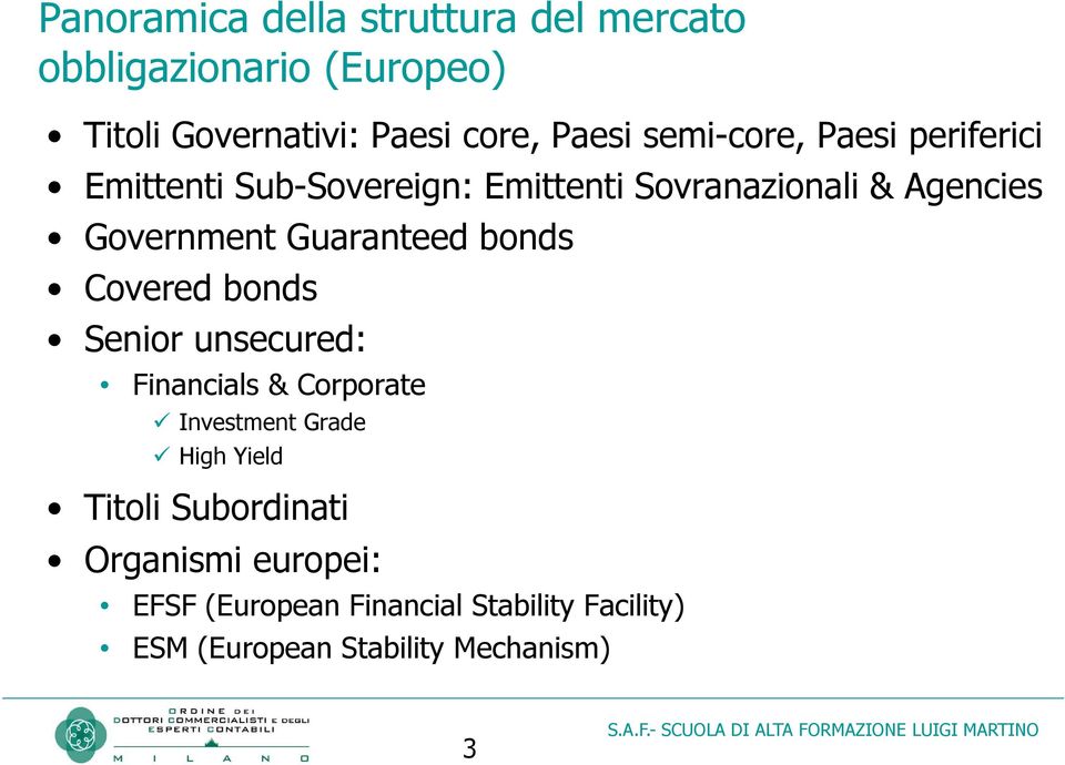 Guaranteed bonds Covered bonds Senior unsecured: Financials & Corporate Investment Grade High Yield