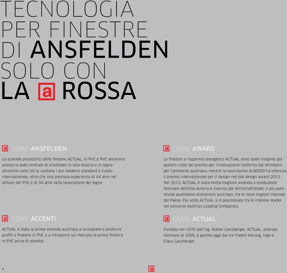 come accenti ACTUAL è stata la prima azienda austriaca a sviluppare e produrre profili e finestre in PVC e a introdurre sul mercato la prima finestra in PVC priva di piombo.