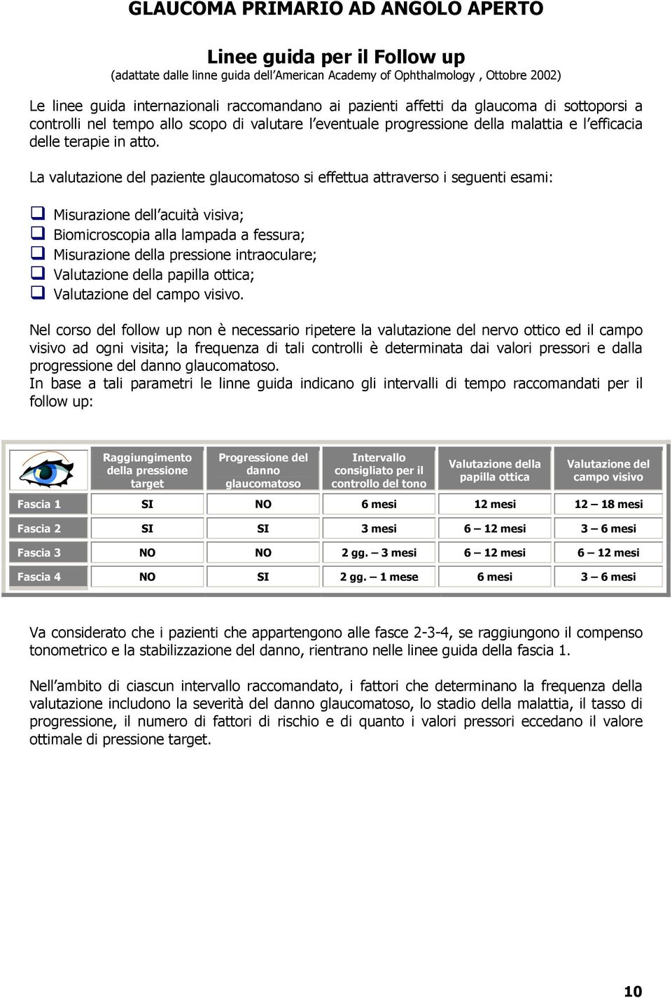 La valutazione del paziente glaucomatoso si effettua attraverso i seguenti esami: Misurazione dell acuità visiva; Biomicroscopia alla lampada a fessura; Misurazione della pressione intraoculare;