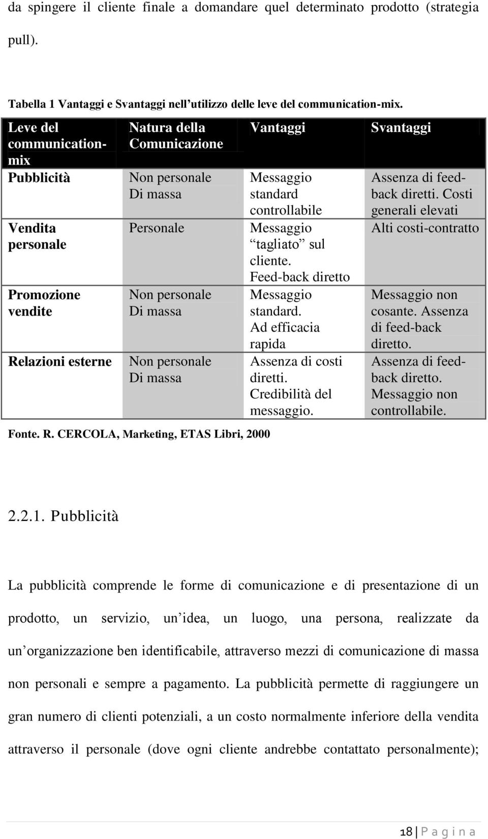 Fonte. R. CERCOLA, Marketing, ETAS Libri, 2000 Vantaggi Messaggio standard controllabile Messaggio tagliato sul cliente. Feed-back diretto Messaggio standard.