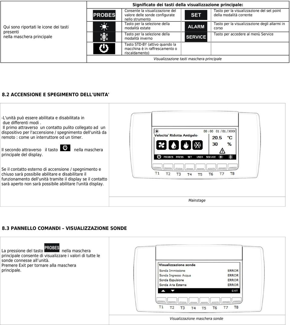 maschera principale Tasto per la visualizzazione del set point della modalità corrente Tasto per la visualizzazione degli allarmi in corso Tasto per accedere al menù Service 8.