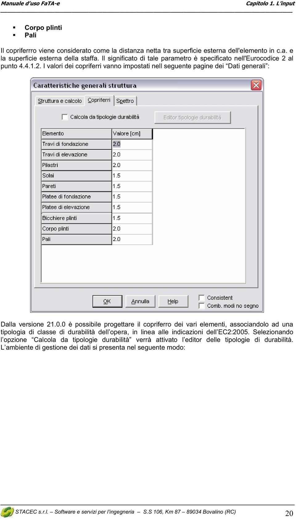 0.0 è possibile progettare il copriferro dei vari elementi, associandolo ad una tipologia di classe di durabilità dell opera, in linea alle indicazioni dell EC2:2005.