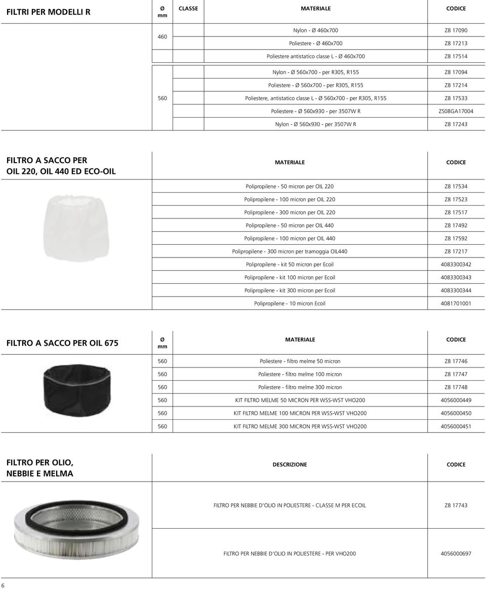 560x930 - per 3507W R Z8 17243 FILTRO A SACCO PER OIL 220, OIL 440 ED ECO-OIL MATERIALE CODICE Polipropilene - 50 micron per OIL 220 Z8 17534 Polipropilene - 100 micron per OIL 220 Z8 17523