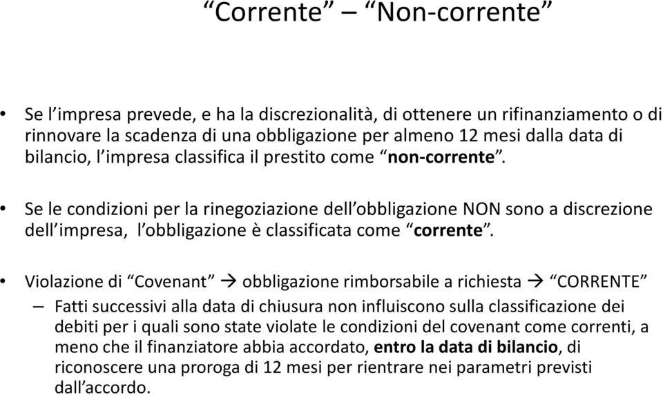 Violazione di Covenant obbligazione rimborsabile a richiesta CORRENTE Fatti successivi alla data di chiusura non influiscono sulla classificazione dei debiti per i quali sono state violate le