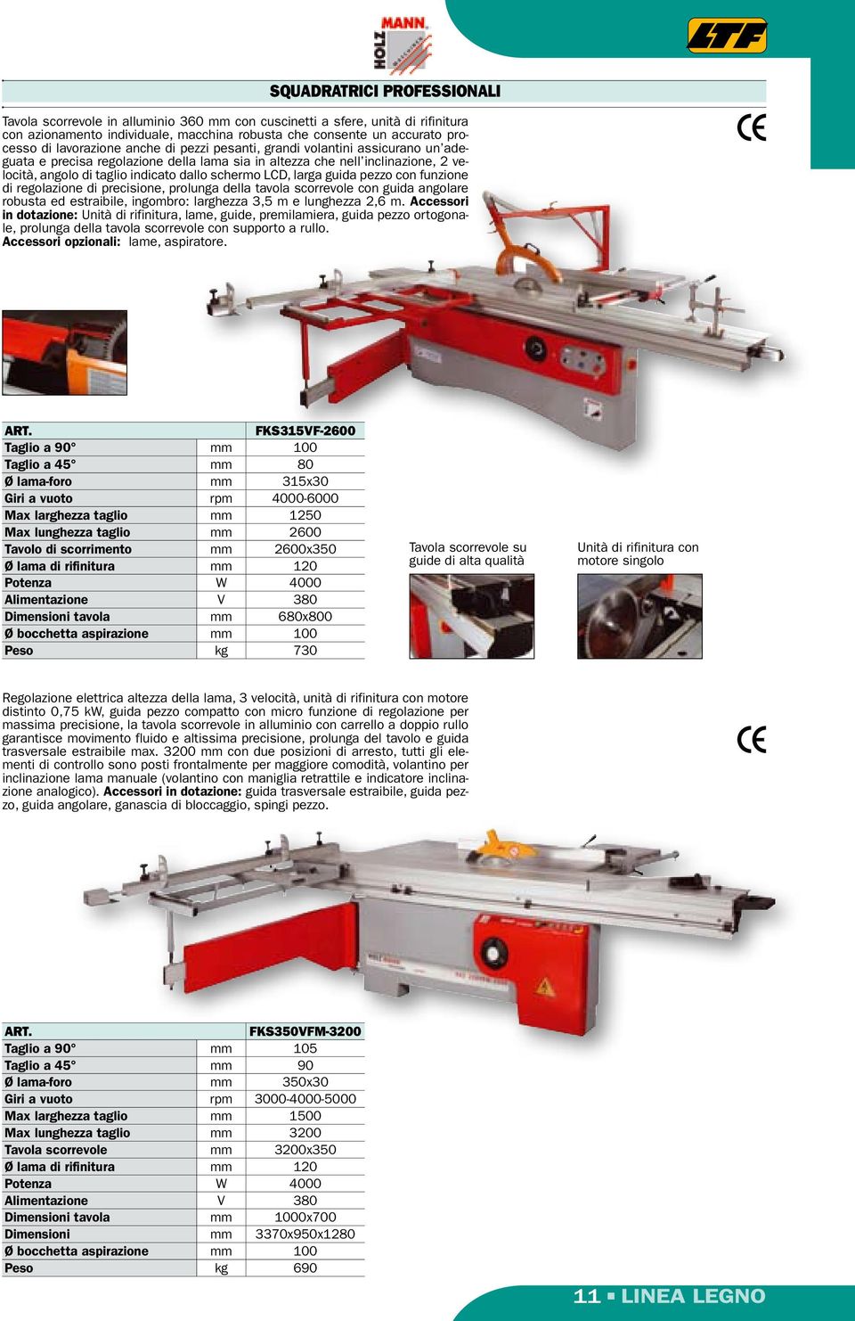 LCD, larga guida pezzo con funzione di regolazione di precisione, prolunga della tavola scorrevole con guida angolare robusta ed estraibile, ingombro: larghezza 3,5 m e lunghezza 2,6 m.