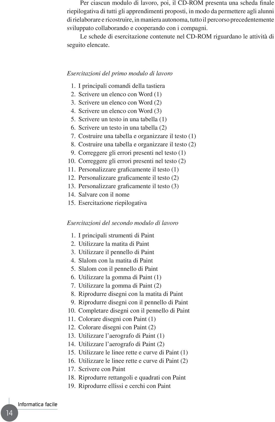 Esercitazioni del primo modulo di lavoro 1. I principali comandi della tastiera 2. Scrivere un elenco con Word (1) 3. Scrivere un elenco con Word (2) 4. Scrivere un elenco con Word (3) 5.