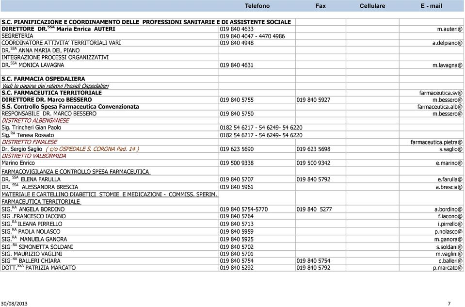 SSA MONICA LAVAGNA 019 840 4631 m.lavagna@ S.C. FARMACIA OSPEDALIERA Vedi le pagine dei relativi Presidi Ospedalieri S.C. FARMACEUTICA TERRITORIALE farmaceutica.sv@ DIRETTORE DR.