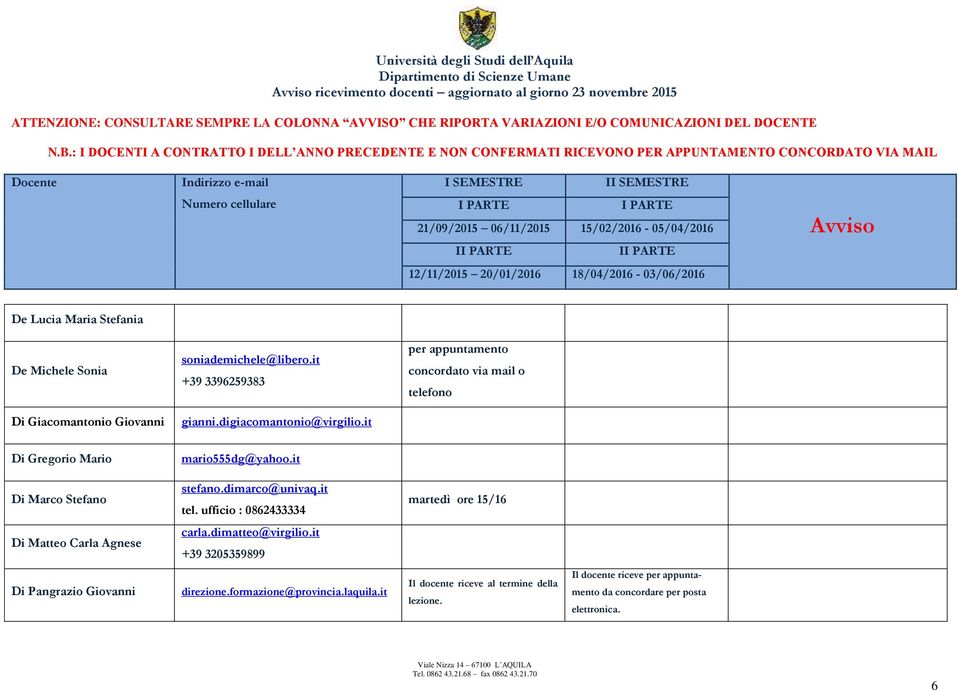 it Di Gregorio Mario mario555dg@yahoo.it Di Marco Stefano stefano.dimarco@univaq.it tel. ufficio : 0862433334 ore 15/16 Di Matteo Carla Agnese carla.