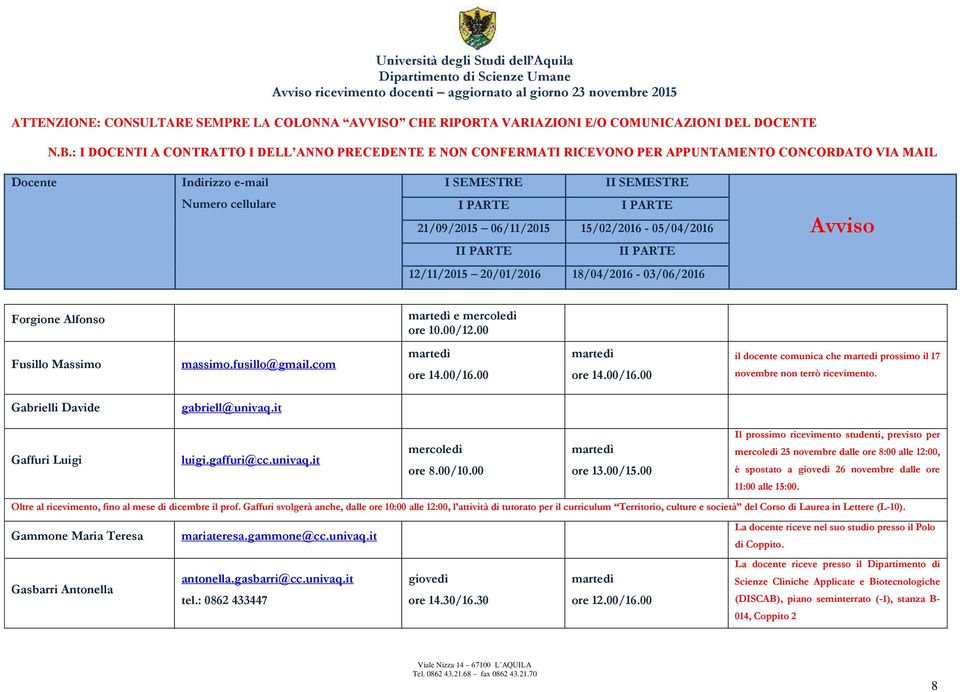 25 novembre dalle ore 8:00 alle 12:00, ore 8.00/10.00 ore 13.00/15.00 è spostato a 26 novembre dalle ore Oltre al ricevimento, fino al mese di dicembre il prof.