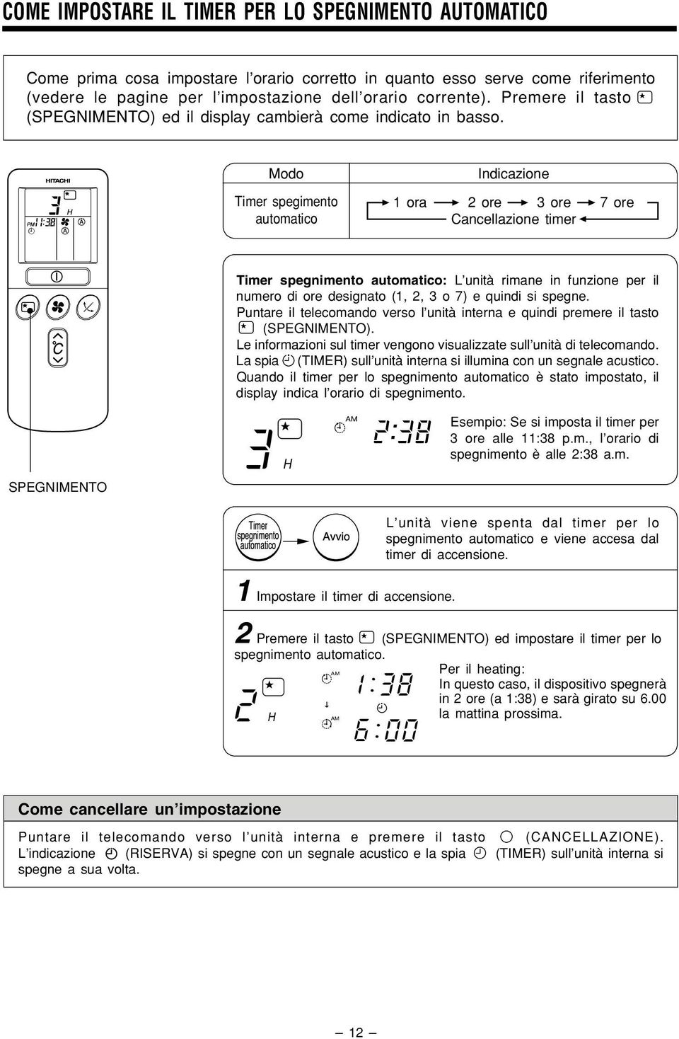 Modo Timer spegimento automatico Indicazione 1 ora 2 ore 4 3 ore 4 7 ore Cancellazione timer 1 4 4 Timer spegnimento automatico: L unità rimane in funzione per il numero di ore designato (1, 2, 3 o