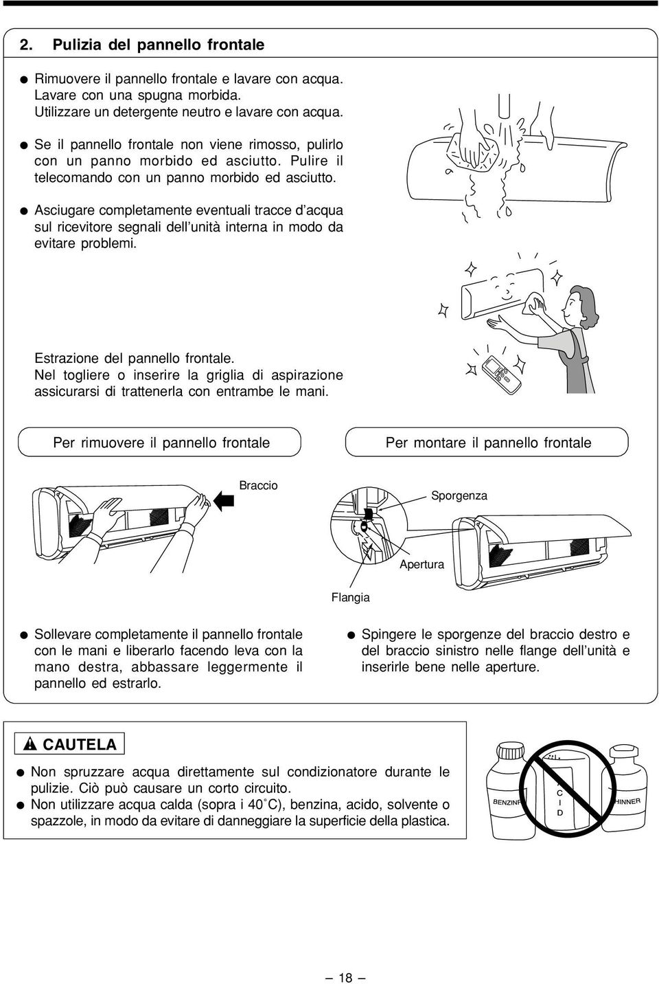 Asciugare completamente eventuali tracce d acqua sul ricevitore segnali dell unità interna in modo da evitare problemi. Estrazione del pannello frontale.