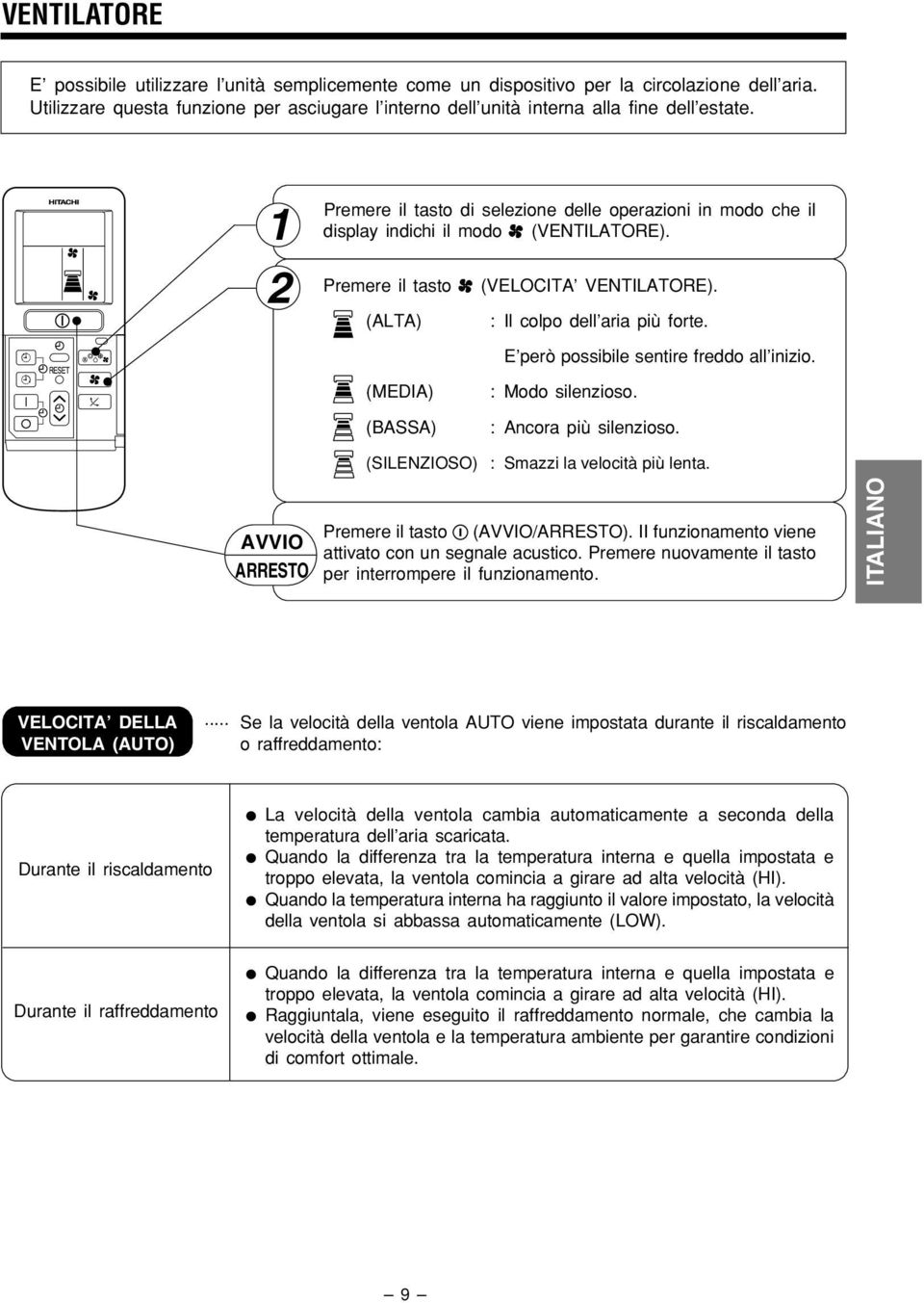 E però possibile sentire freddo all inizio. (MEDIA) (BASSA) : Modo silenzioso. : Ancora più silenzioso. (SILENZIOSO) : Smazzi la velocità più lenta. AVVIO ARRESTO Premere il tasto (AVVIO/ARRESTO).