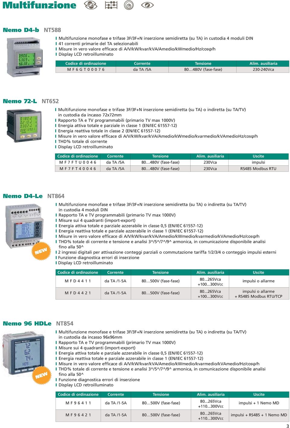 ausiliaria MF6GT00076 da TA /5A 80 480V (fase-fase) 230-240Vca Nemo 72-L NT652 Multifunzione monofase e trifase 3F/3F+N inserzione semidiretta (su TA) o indiretta (su TA/TV) in custodia da incasso