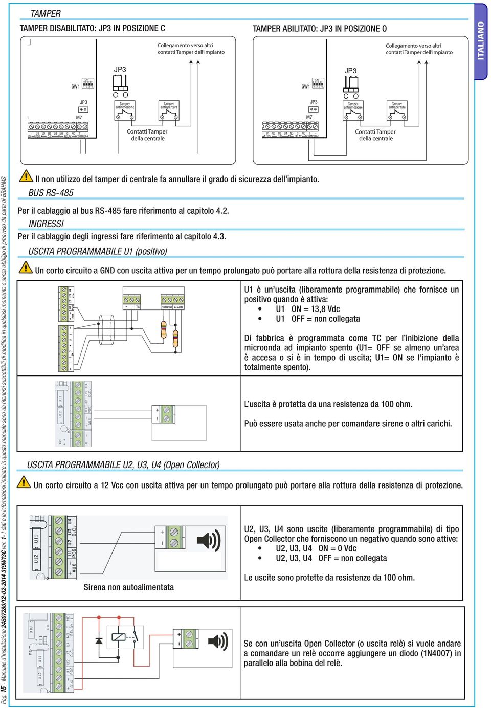 U3 U4 NO C NC T AUX POS O.C RELAY TAMPER +BAT BAT Contatti + Tamper A B + BUS della centrale + 1 2 3 4 5 6 IN + U1 U2 U3 U4 NO C NC T AUX POS O.C RELAY TAMPER Contatti Tamper della centrale Pag.