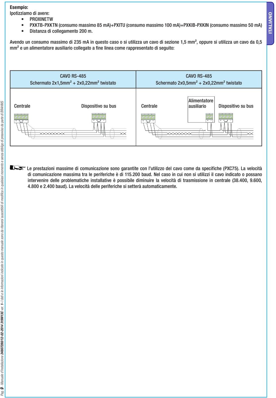rappresentato di seguito: CAVO RS-485 Schermato 2x1,5mm² + 2x0,22mm² twistato CAVO RS-485 Schermato 2x0,5mm² + 2x0,22mm² twistato Pag. 9 - Manuale d Installazione 24807280/12-02-2014 319W13C ver.