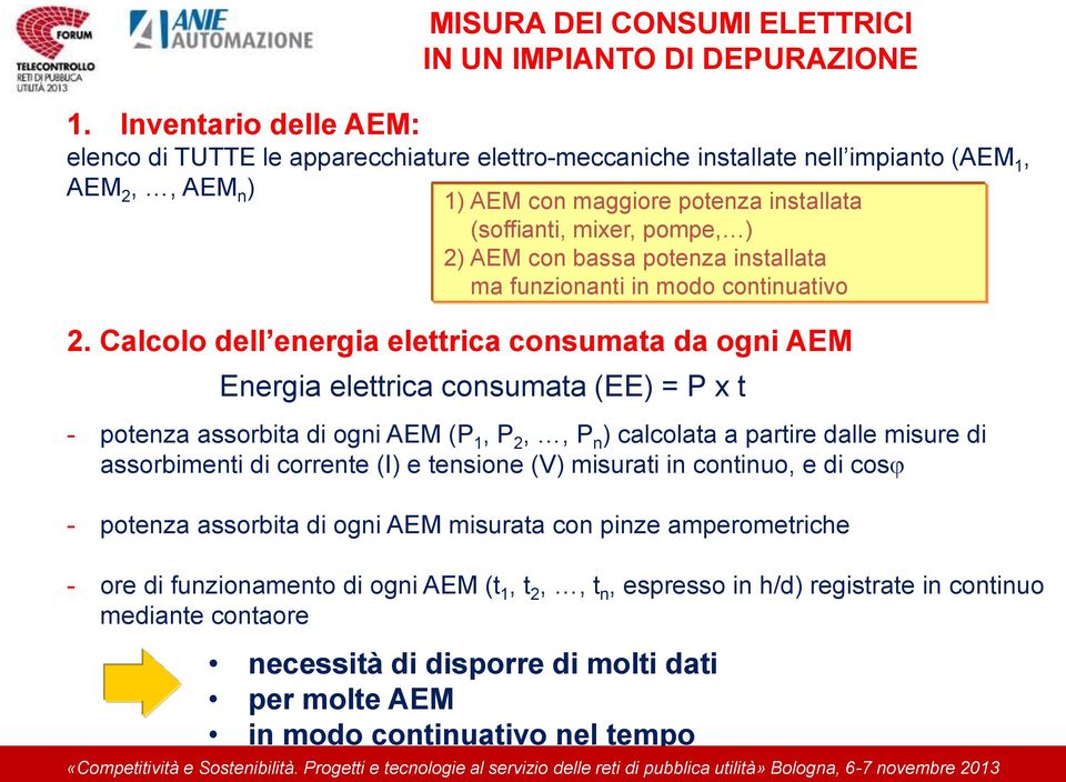 Calcolo dell energia elettrica consumata da ogni AEM Energia elettrica consumata (EE) = P x t - potenza assorbita di ogni AEM (P 1, P 2,, P n ) calcolata a partire dalle misure di assorbimenti di