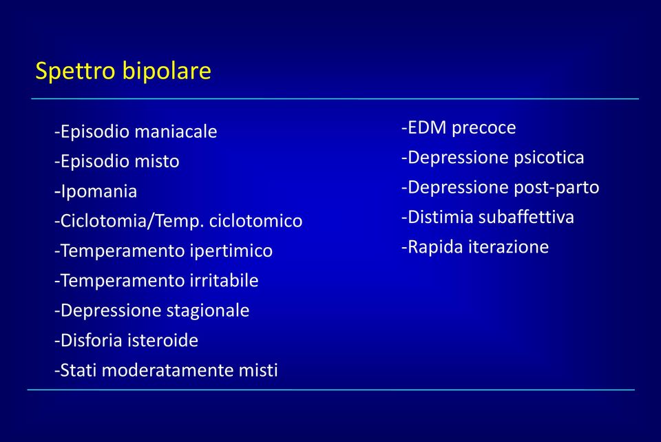 ciclotomico -Temperamento ipertimico -Temperamento irritabile -Depressione