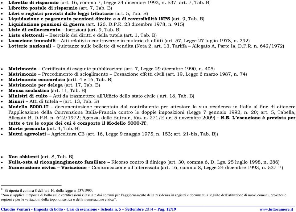 915) Liste di collocamento Iscrizioni (art. 9, Tab. B) Liste elettorali Esercizio dei diritti e della tutela (art. 1, Tab.