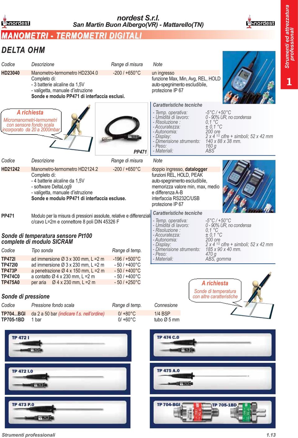 PP47 di interfaccia esclusi. A richiesta Micromanometri-termometri con sensore fondo scala incorporato da 20 a 2000mbar HD2242 Manometro-termometro HD224.