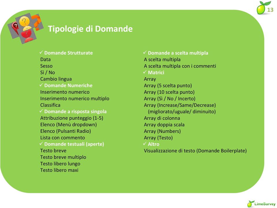 lungo Testo libero maxi Domande a scelta multipla A scelta multipla A scelta multipla con i commenti Matrici Array Array (5 scelta punto) Array (10 scelta punto) Array (Sì / No /