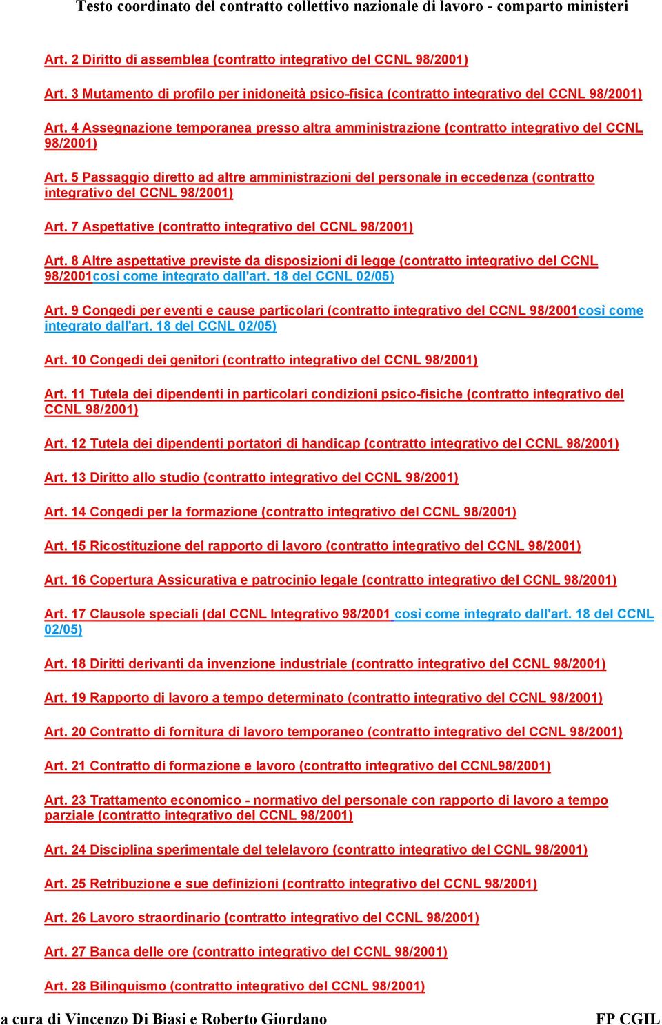 5 Passaggio diretto ad altre amministrazioni del personale in eccedenza (contratto integrativo del CCNL 98/2001) Art. 7 Aspettative (contratto integrativo del CCNL 98/2001) Art.