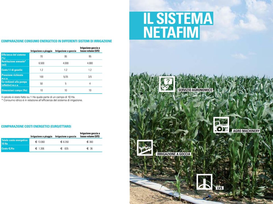 olio 1.2 1.2 1.2 Pressione richiesta m.c.a. Cv richiesti alla pompa (effettivi) m.c.a. 100 5/25 3/5 50 5 4 Dimensioni campo (Ha) 10 10 10 IL SISTEMA NETAFIM SERVIZIO AGRONOMICO Il calcolo è stato fatto su 1 Ha quale parte di un campo di 10 Ha.