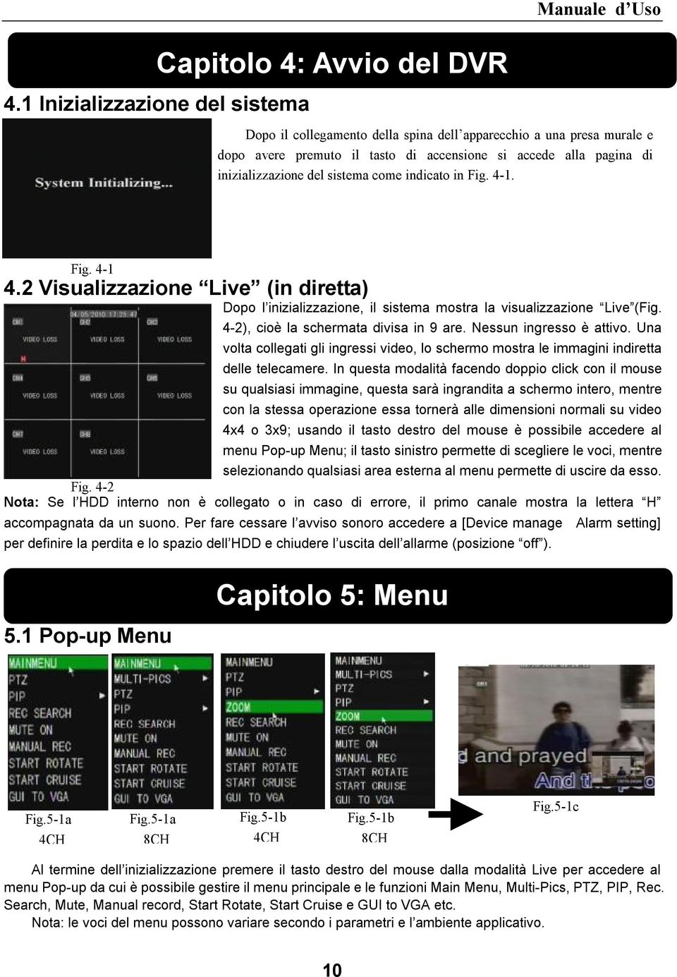 del sistema come indicato in Fig. 4-1. Fig. 4-1 4.2 Visualizzazione Live (in diretta) Dopo l inizializzazione, il sistema mostra la visualizzazione Live (Fig. 4-2), cioè la schermata divisa in 9 are.