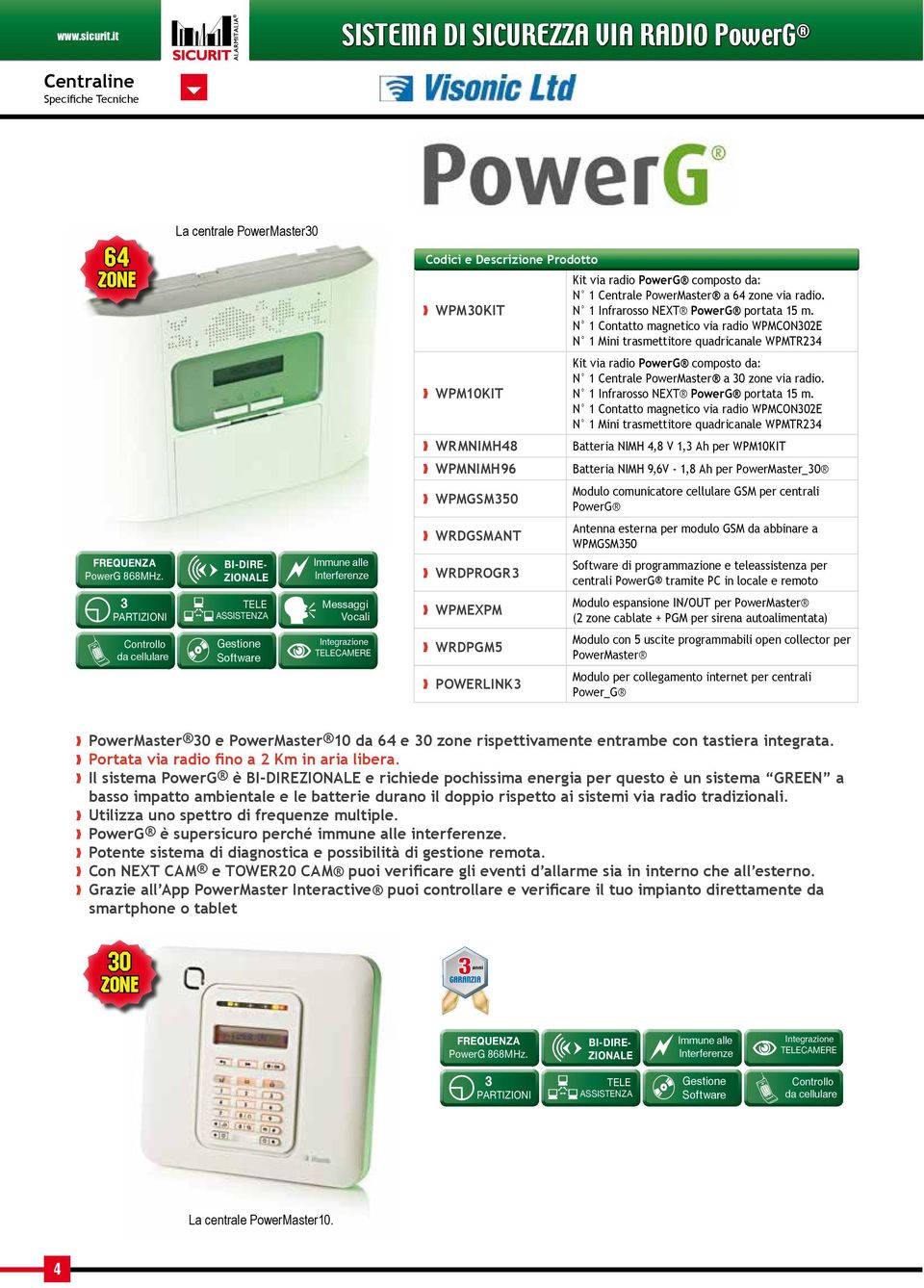 Interferenze Messaggi Vocali Integrazione TELECAMERE WPM30KIT WPM10KIT Kit via radio PowerG composto da: N 1 Centrale PowerMaster a 64 zone via radio. N 1 Infrarosso NEXT PowerG portata 15 m.