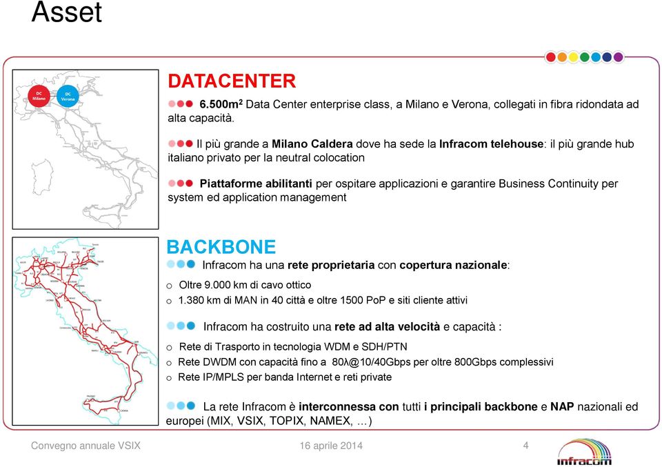 Continuity per system ed application management BACKBONE Infracom ha una rete proprietaria con copertura nazionale: o Oltre 9.000 km di cavo ottico o 1.