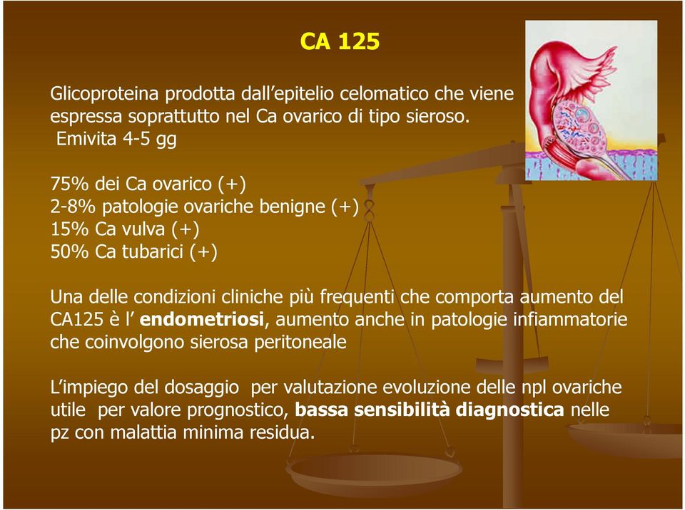 più frequenti che comporta aumento del CA125 è l endometriosi, aumento anche in patologie infiammatorie che coinvolgono sierosa peritoneale L