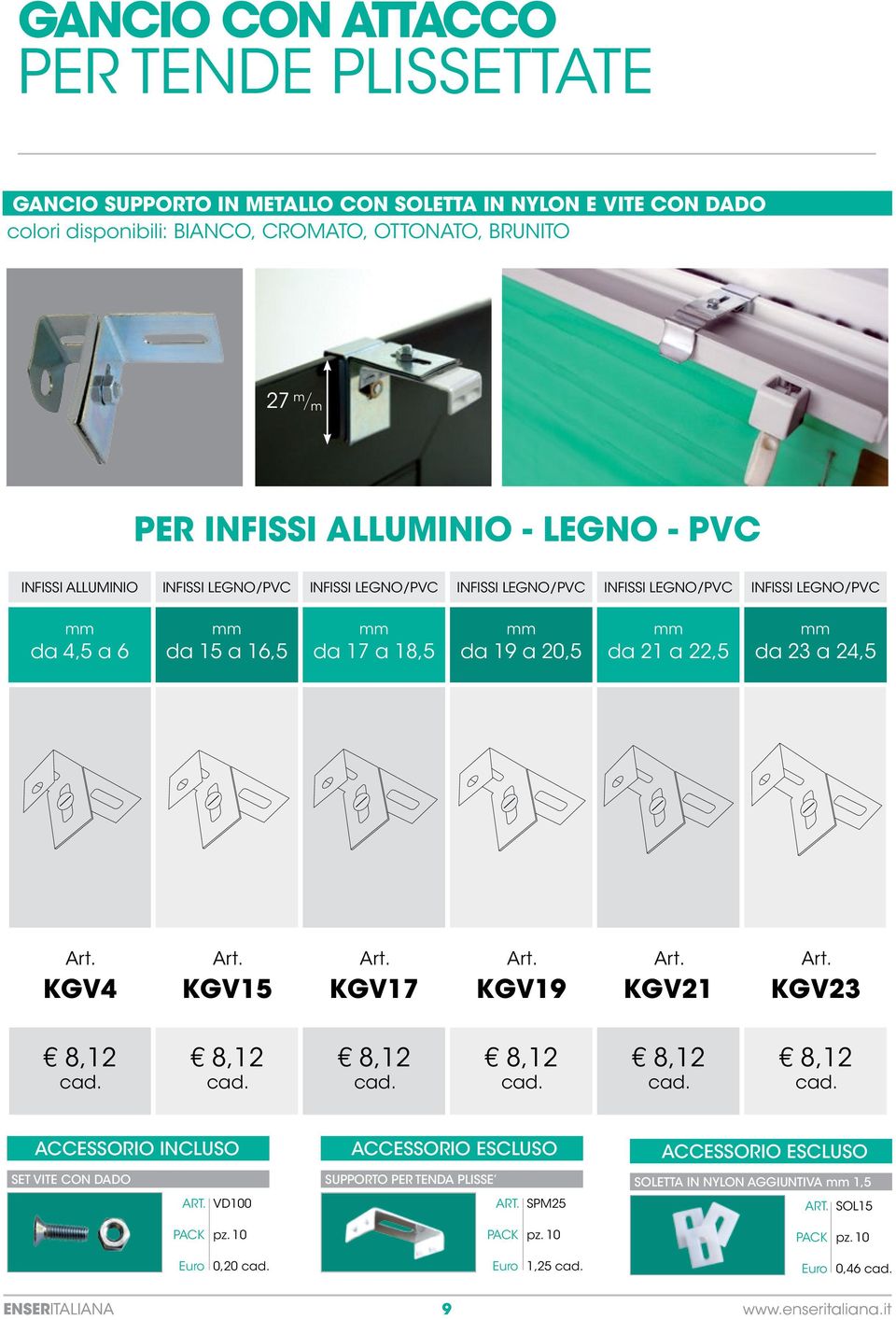 LEGNO/PVC da 15 a 16,5 da 17 a 18,5 da 19 a 20,5 da 21 a 22,5 da 23 a 24,5 KGV4 KGV15 KGV17 KGV19 KGV21 KGV23 ACCESSORIO INCLUSO SET VITE