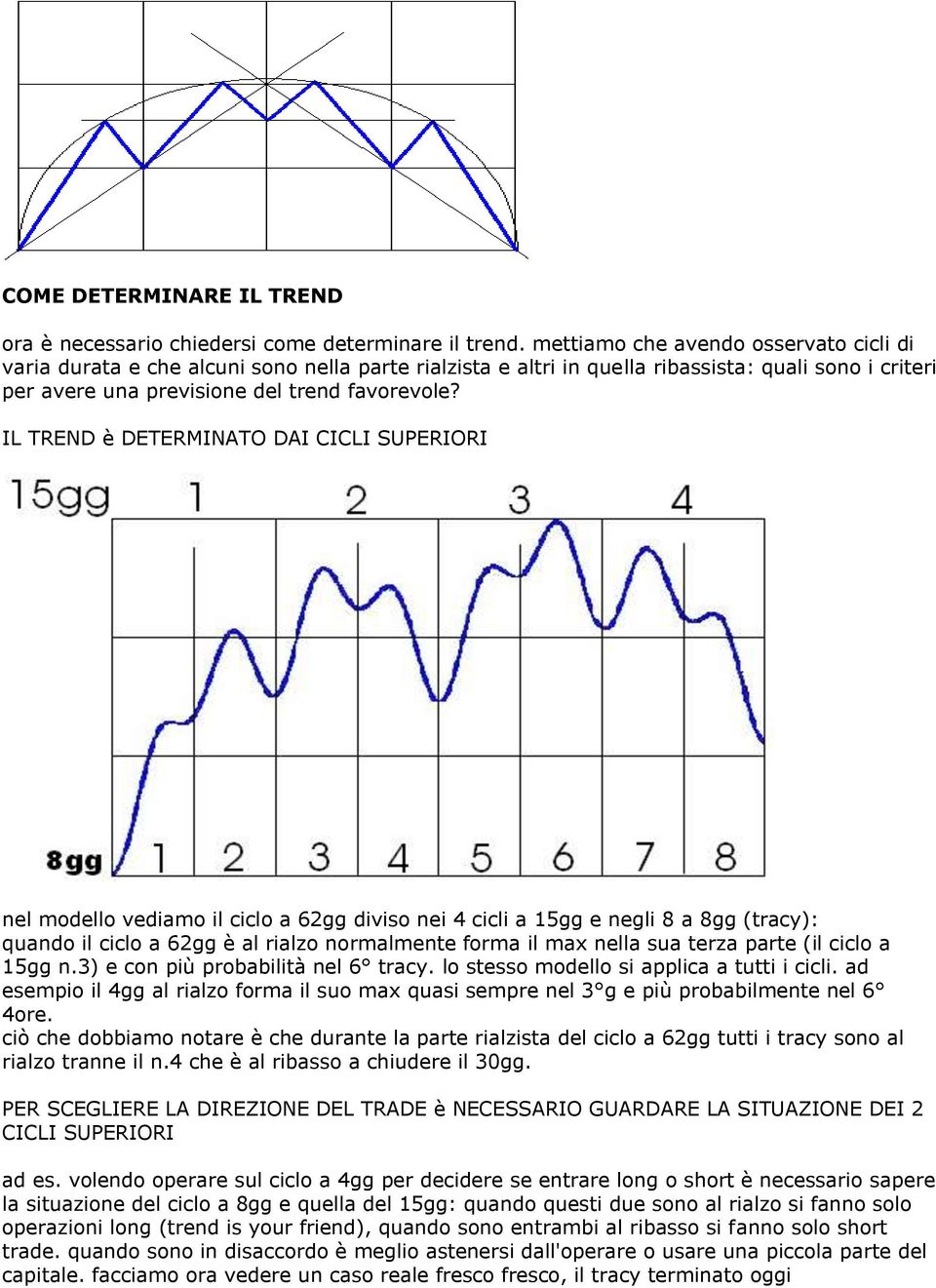 IL TREND è DETERMINATO DAI CICLI SUPERIORI nel modello vediamo il ciclo a 62gg diviso nei 4 cicli a 15gg e negli 8 a 8gg (tracy): quando il ciclo a 62gg è al rialzo normalmente forma il max nella sua