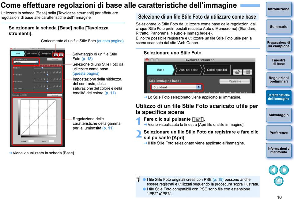 18) Selezione di uno Stile Foto da utilizzare come base (questa pagina) Impostazione della nitidezza, del contrasto, della saturazione del colore e della tonalità del colore (p.