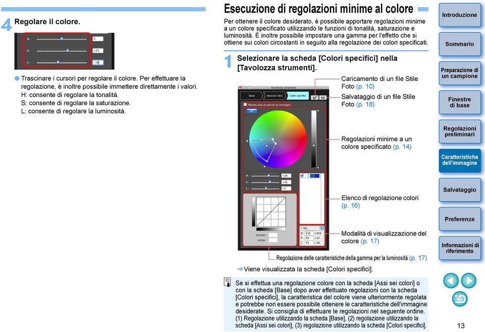 Esecuzione di regolazioni minime al colore Per ottenere il colore desiderato, è possibile apportare regolazioni minime a un colore specificato utilizzando le funzioni di tonalità, saturazione e