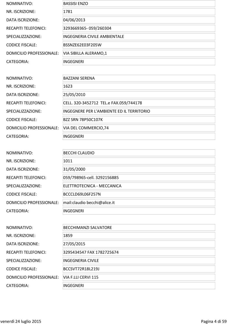 NR. ISCRIZIONE: 1623 DATA ISCRIZIONE: 25/05/2010 RECAPITI TELEFONICI: CELL. 320-3452712 TEL.e FAX.