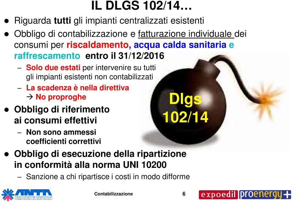 contabilizzati La scadenza è nella direttiva No proproghe Obbligo di riferimento ai consumi effettivi Non sono ammessi coefficienti correttivi